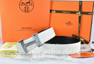 Hermes Reversible Belt White/Black Togo Calfskin With 18k Silver Geometric Stripe H Buckle