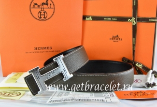 Hermes Reversible Belt Brown/Black Togo Calfskin With 18k Silver Geometric Stripe H Buckle
