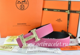 Hermes Reversible Belt Pink/Black Togo Calfskin With 18k Gold Geometric Stripe H Buckle