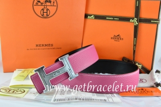 Hermes Reversible Belt Pink/Black Togo Calfskin With 18k Silver Geometric Stripe H Buckle