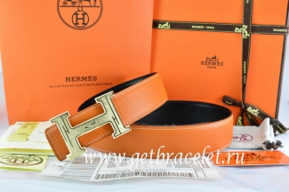 Hermes Reversible Belt Orange/Black Togo Calfskin With 18k Gold Geometric Stripe H Buckle