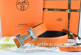 Hermes Reversible Belt Orange/Black Togo Calfskin With 18k Silver Geometric Stripe H Buckle