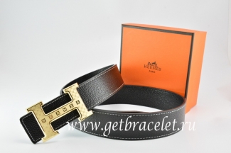 Hermes Reversible Belt Black/Black Togo Calfskin With 18k Orange Gold Weave Stripe H Buckle