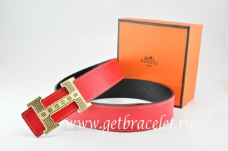 Hermes Reversible Belt Red/Black Togo Calfskin With 18k Gold Stripes Logo H Buckle