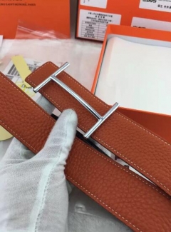 Hermes Reversible Belt Orange Togo Calfskin With 18k Silver H Buckle