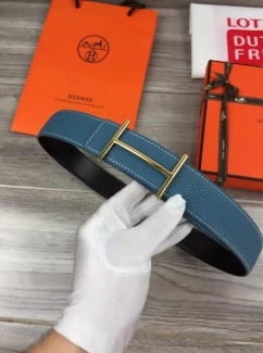 Hermes Reversible Belt Blue Togo Calfskin With 18k Gold H Buckle