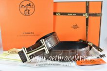 Hermes Reversible Belt Brown/Black Crocodile Stripe Leather With18K Gold Idem Buckle