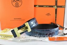 Hermes Reversible Belt Blue/Black Crocodile Stripe Leather With18K Gold H Logo Buckle
