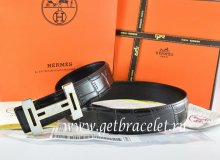 Hermes Reversible Belt Black/Black Crocodile Stripe Leather With18K White Gold With Logo H Buckle