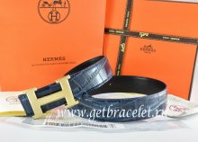 Hermes Reversible Belt Blue/Black Crocodile Stripe Leather With18K Gold Wave Stripe H Buckle