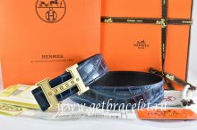 Hermes Reversible Belt Blue/Black Crocodile Stripe Leather With18K Gold Weave Stripe H Buckle