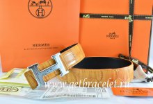 Hermes Reversible Belt Orange/Black Crocodile Stripe Leather With18K Silver Geometric Stripe H Buckle