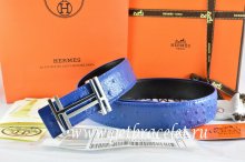 Hermes Reversible Belt Blue/Black Ostrich Stripe Leather With 18K Silver H au Carre Buckle