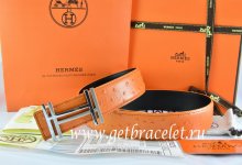 Hermes Reversible Belt Orange/Black Ostrich Stripe Leather With 18K Silver H au Carre Buckle