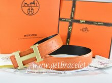 Hermes Reversible Belt Orange/Black Ostrich Stripe Leather With 18K Gold Wave Stripe H Buckle