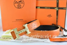 Hermes Reversible Belt Orange/Black Ostrich Stripe Leather With 18K Gold Weave Stripe H Buckle