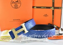 Hermes Reversible Belt Blue/Black Ostrich Stripe Leather With 18K Gold Bamboo Strip H Buckle