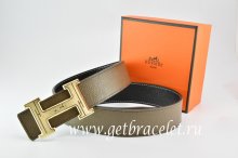 Hermes Reversible Belt Light Gray/Black Togo Calfskin With 18k Gold Geometric Stripe H Buckle