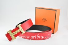 Hermes Reversible Belt Red/Black Togo Calfskin With 18k Gold Weave Stripe H Buckle