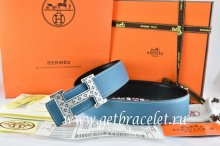 Hermes Reversible Belt Blue/Black Togo Calfskin With 18k Silver Speckle H Buckle