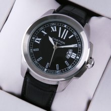 Calibre de Cartier quartz replica watch for men steel black dial and leather strap