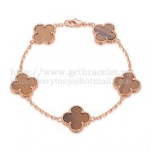 Van Cleef & Arpels Vintage Alhambra Bracelet 5 Motifs Pink Gold With Tiger's Eye Mother Of Pearl
