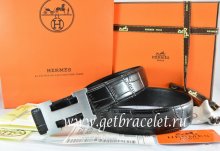 Hermes Reversible Belt Black/Black Crocodile Stripe Leather With18K Silver H Buckle