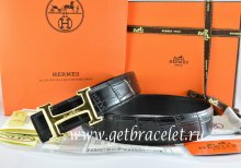 Hermes Reversible Belt Black/Black Crocodile Stripe Leather With18K Gold Idem With Logo Buckle