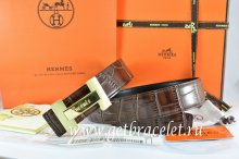 Hermes Reversible Belt Brown/Black Crocodile Stripe Leather With18K Gold H Logo Buckle
