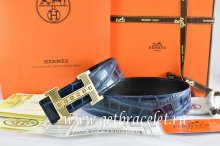 Hermes Reversible Belt Blue/Black Crocodile Stripe Leather With18K Gold Stripe Logo H Buckle