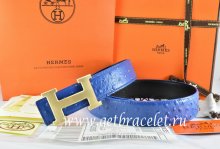Hermes Reversible Belt Blue/Black/Black Ostrich Stripe Leather With 18K Drawbench Gold H Buckle