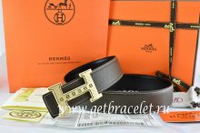 Hermes Reversible Belt Brown/Black Togo Calfskin With 18k Gold Weave Stripe H Buckle