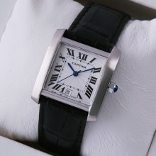 Cartier Tank Francaise mens watch replica stainless steel black leather strap