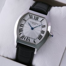 Cartier Tortue medium replica watch stainless steel black leather strap