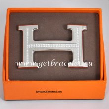Hermes Reversible Belt 18k Silver Plated H Buckle with Single Row Full Diamonds