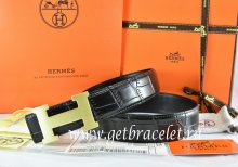Hermes Reversible Belt Black/Black Crocodile Stripe Leather With18K Gold H Buckle