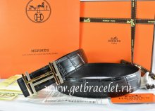 Hermes Reversible Belt Black/Black Crocodile Stripe Leather With18K Gold H au Carre Buckle