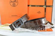 Hermes Reversible Belt Brown/Black Crocodile Stripe Leather With18K Silver Lace Strip H Buckle