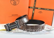 Hermes Reversible Belt Brown/Black Crocodile Stripe Leather With18K Black Silver Width H Buckle