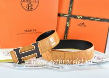Hermes Reversible Belt Orange/Black Crocodile Stripe Leather With18K Black Gold Width H Buckle