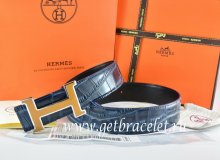 Hermes Reversible Belt Blue/Black Crocodile Stripe Leather With18K Yellow Silver H Buckle