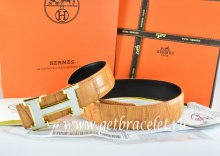 Hermes Reversible Belt Orange/Black Crocodile Stripe Leather With18K White Gold H Buckle