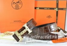 Hermes Reversible Belt Brown/Black Crocodile Stripe Leather With18K Gold Weave Stripe H Buckle