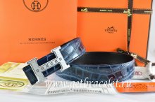 Hermes Reversible Belt Blue/Black Crocodile Stripe Leather With18K Silver Weave Stripe H Buckle