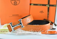 Hermes Reversible Belt Orange/Black Ostrich Stripe Leather With 18K Silver Idem With Logo Buckle