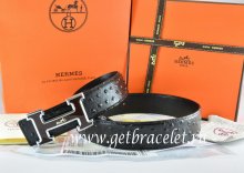 Hermes Reversible Belt Black/Black Ostrich Stripe Leather With 18K Black Silver White Logo H Buckle