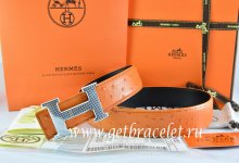 Hermes Reversible Belt Orange/Black Ostrich Stripe Leather With 18K Silver Wave Stripe H Buckle