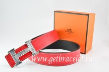 Hermes Reversible Belt Red/Black Togo Calfskin With 18k Silver Geometric Stripe H Buckle
