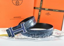 Hermes Reversible Belt Blue/Black Crocodile Stripe Leather With18K Blue Narrow H Buckle