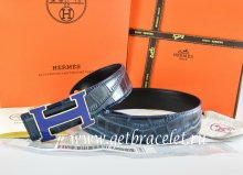 Hermes Reversible Belt Blue/Black Crocodile Stripe Leather With18K Silver Width H Buckle